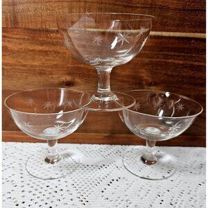 3 MCM Star Dust Low Champagne Glasses 3" by Quartzex Crystal 1950 Atomic dessert